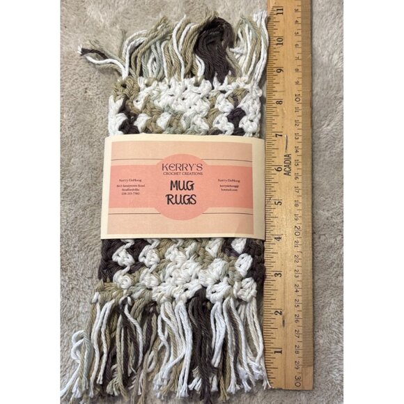 Handmade Crochet Mug Rugs Cotton Set of 2 Brown Beige White 4 x 6" without Fring - Picture 4 of 6